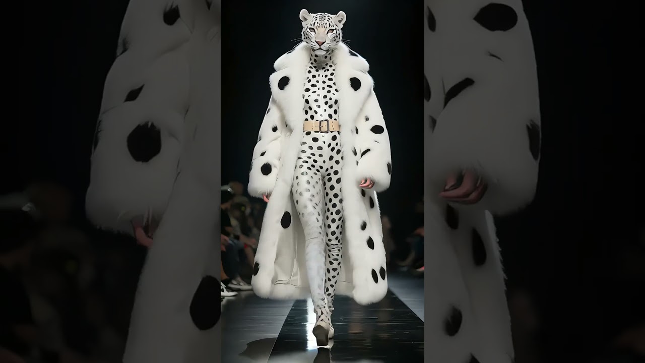 Humanoid modell med snöleopardhuvud stoltserar på catwalken